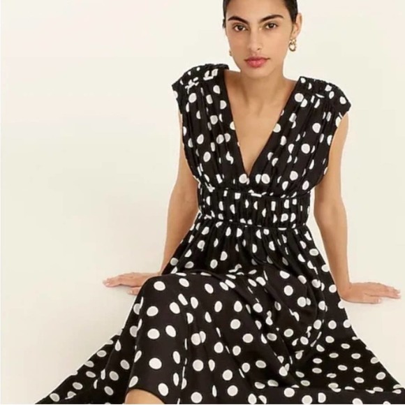 J. Crew Dresses & Skirts - J. Crew Gathered Silk Midi Dress Black Polka Dot Fit Flare Size 12 Formal Pinup